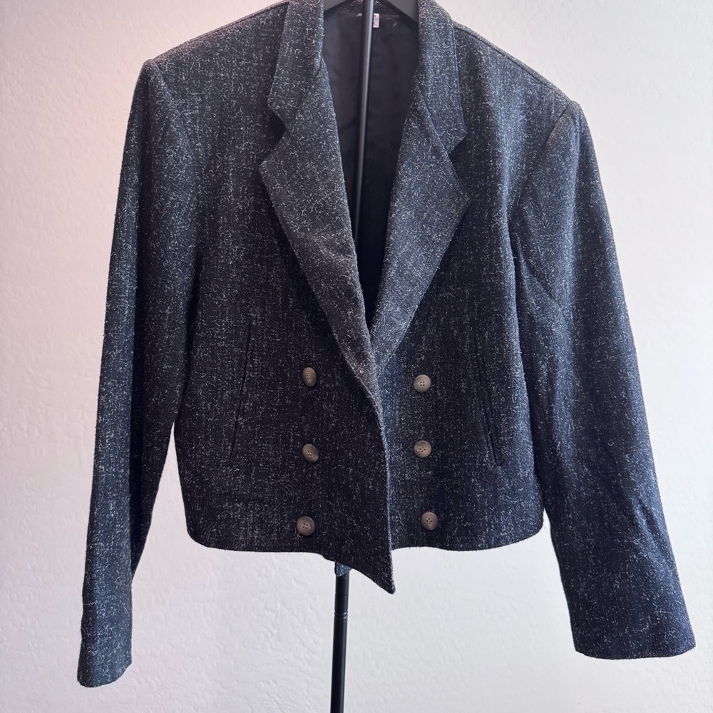 Vintage Classic 80’s Expressions Charcoal‎ Tweed Cropped Double-Breasted Blazer